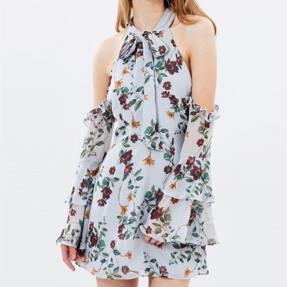 Keepsake Twilight Dreams Mini Dress Small Women Gray Garden Floral Cold Shoulder